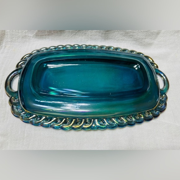 Vintage Indiana Glass blue carnival glass harvest grape cream & sugar on tray. - Picture 4 of 10
